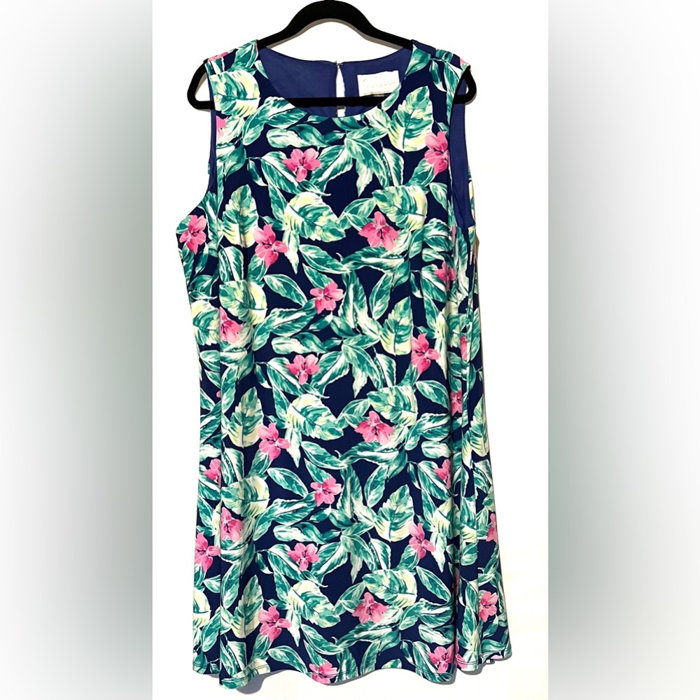 Pappagallo Floral Print Sheath Dress Navy 2X Resort‎ Wear Wrinkle-Free EUC
